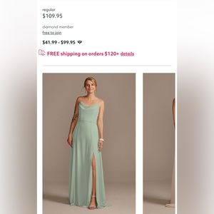 Dusty sage David’s Bridal bridesmaid dress, worn once, hemmed for 5’2/3 in heels